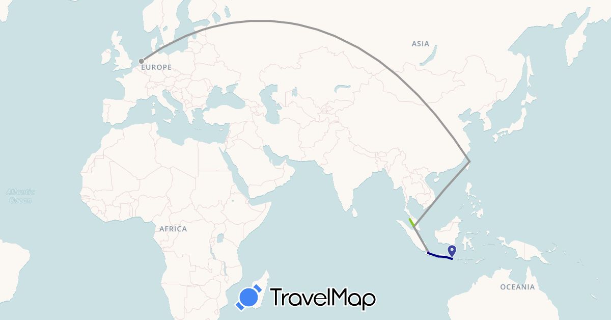 TravelMap itinerary: driving, bus, plane, train, electric vehicle in Indonesia, Malaysia, Netherlands, Taiwan (Asia, Europe)